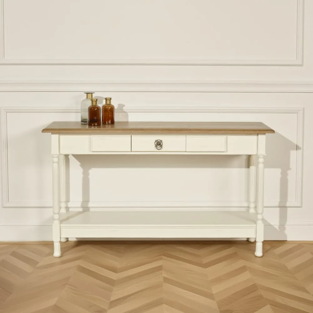 Illustration numéro 3 du produit Console style shabby chic, plateau en chêne, 1 tiroir blanche