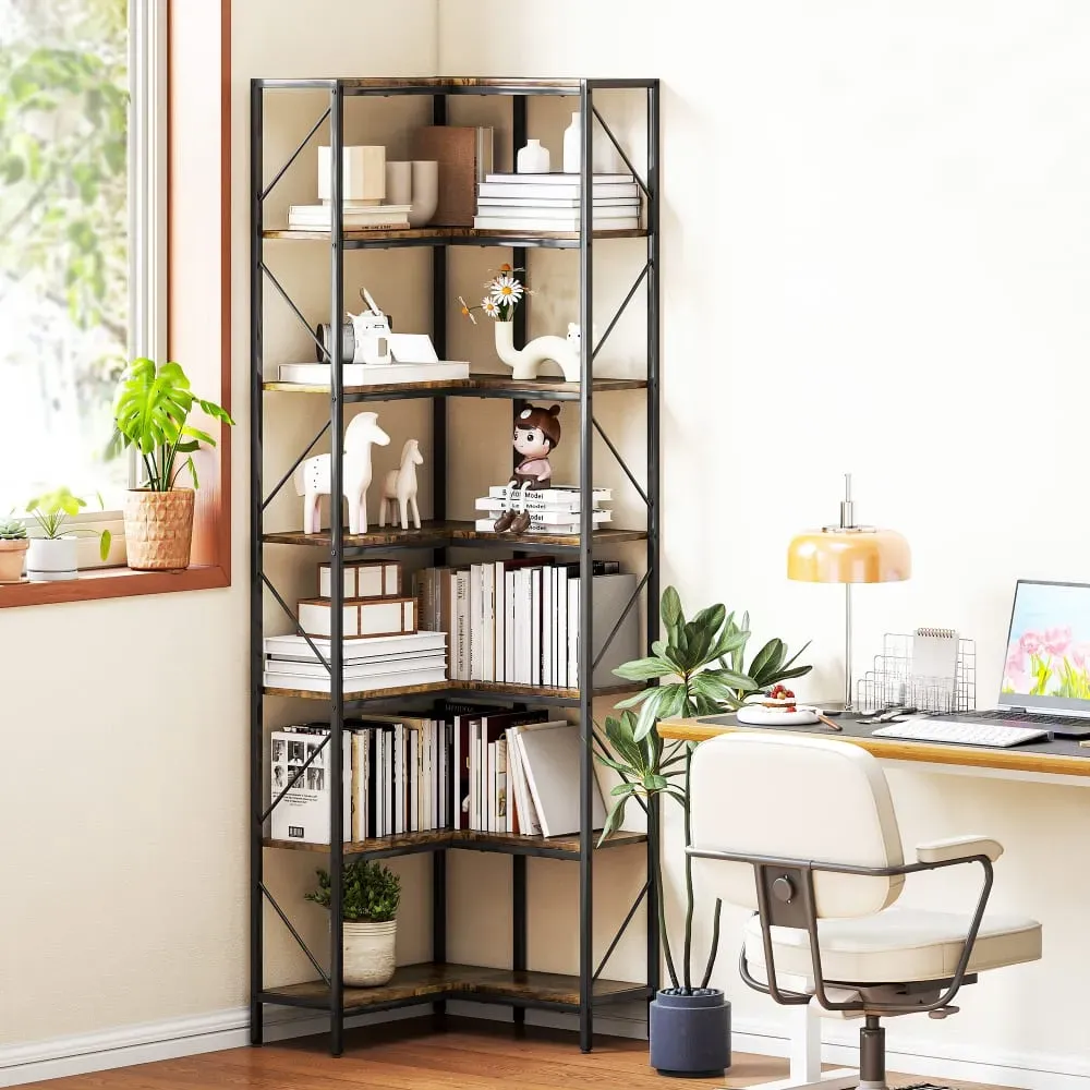 Illustration numéro 3 du produit Bibliothèque d'angle à 7 niveaux industriel brun rustique
