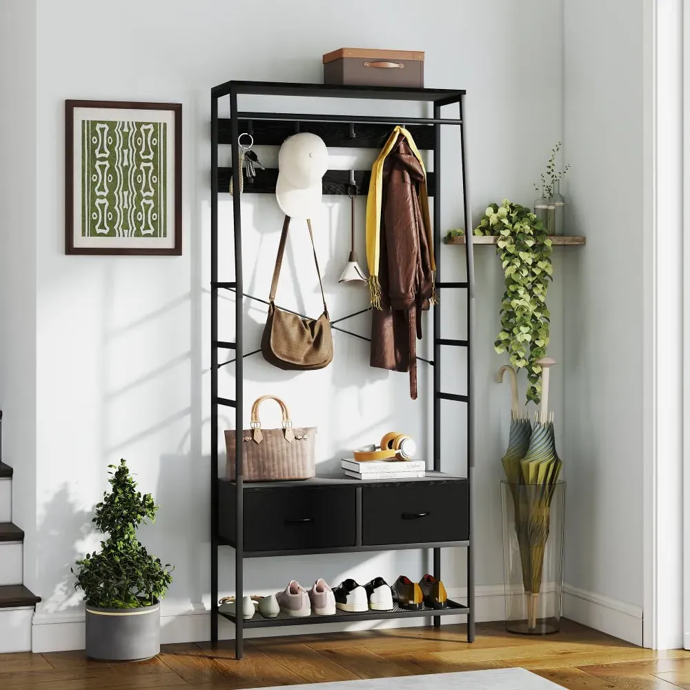 Illustration numéro 3 du produit Portant à vêtements 2 tiroirs étagère 8 crochets cadre en acier noir