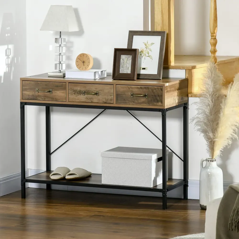 Illustration numéro 3 du produit Console style industriel 3 tiroirs étagère acier noir bois vieilli