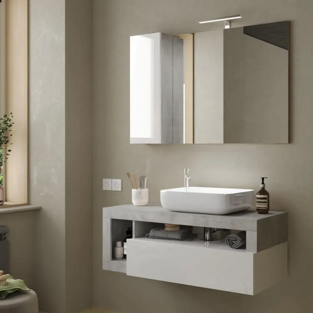 Illustration numéro 3 du produit Meuble  vasque 110cm suspendu 1 tiroirs blanc laqué et aspect aspect b