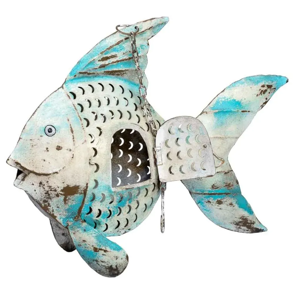 Illustration numéro 3 du produit Bougeoir poisson en métal vieilli bleu, 56x10x42h cm