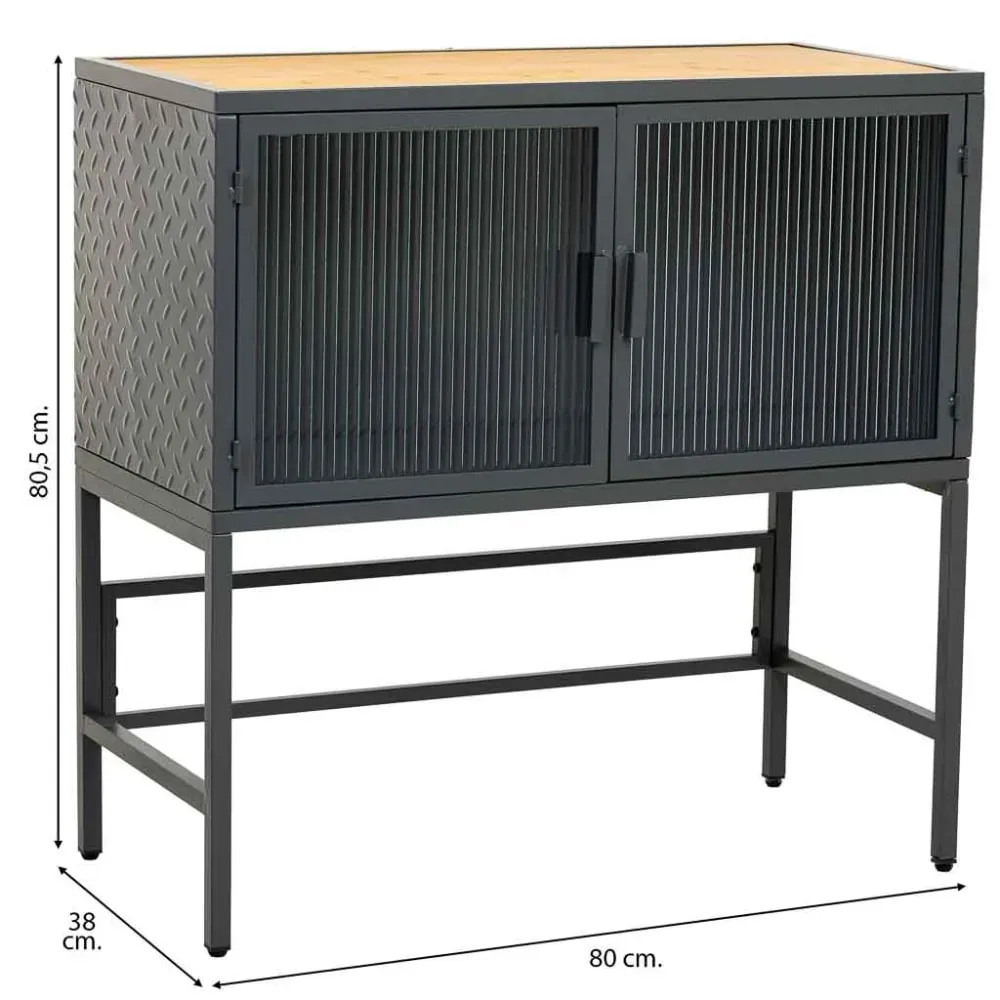 Illustration numéro 3 du produit Buffet en verre, métal et bois 2 portes, noir 80x38x80,5h cm