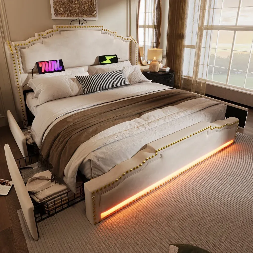 Illustration numéro 3 du produit Lit king beige rembourré captionné royal avec éclairage LED