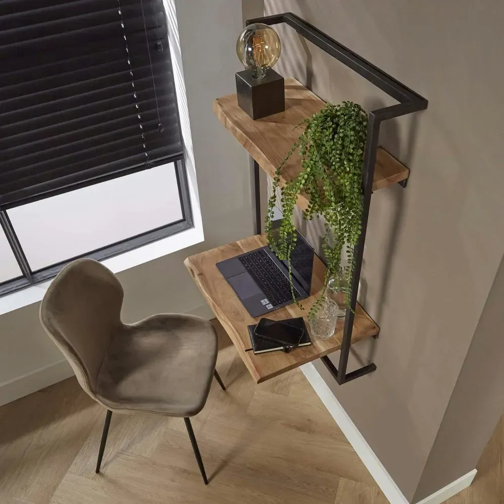 Illustration numéro 3 du produit Bureau mural 1 étagère bords naturels en acacia massif L65cm