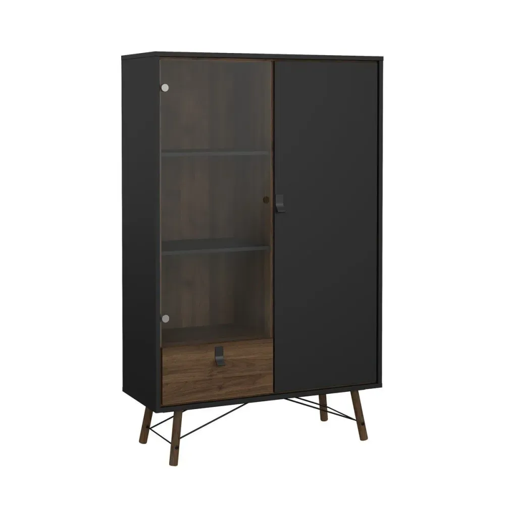 Illustration numéro 3 du produit Vitrine 2 portes dont 1 vitrée H161,8 cm - Effet Noyer et Noir