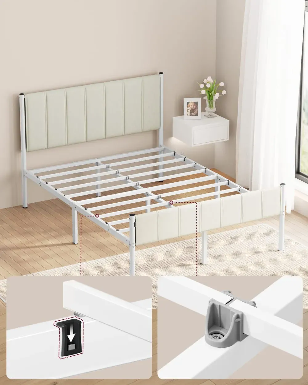 Illustration numéro 3 du produit Cadre de lit double 140 x 190 cm avec tête de lit rembourrée beige