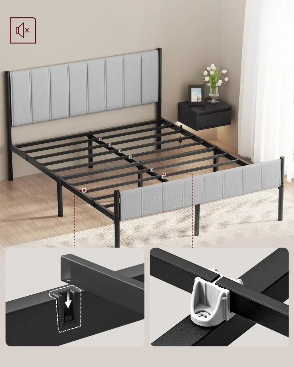 Illustration numéro 3 du produit Cadre de lit double 160 x 200 cm avec tête de lit rembourrée gris