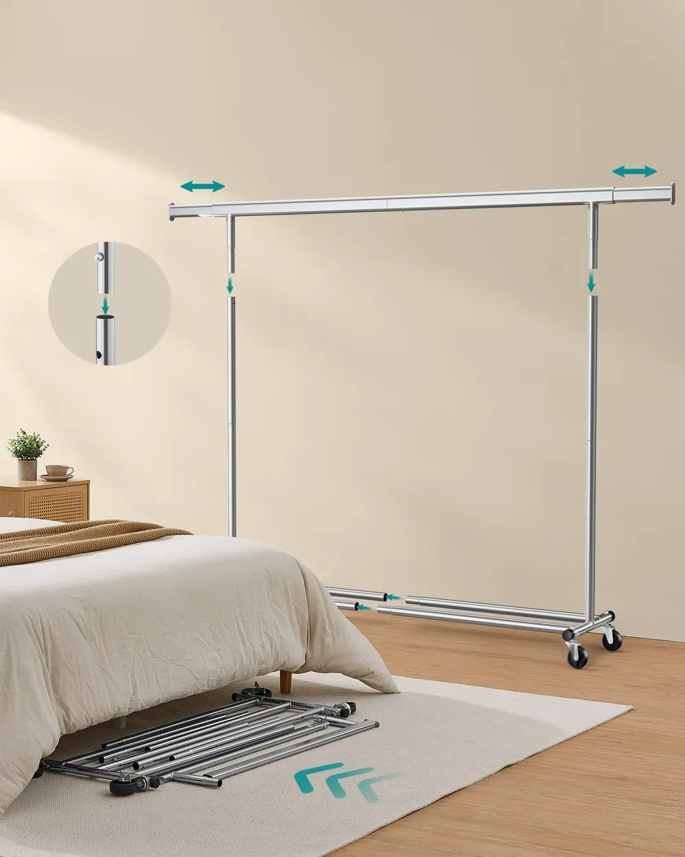 Illustration numéro 3 du produit Tringle à vêtements extensible à roulettes argenté