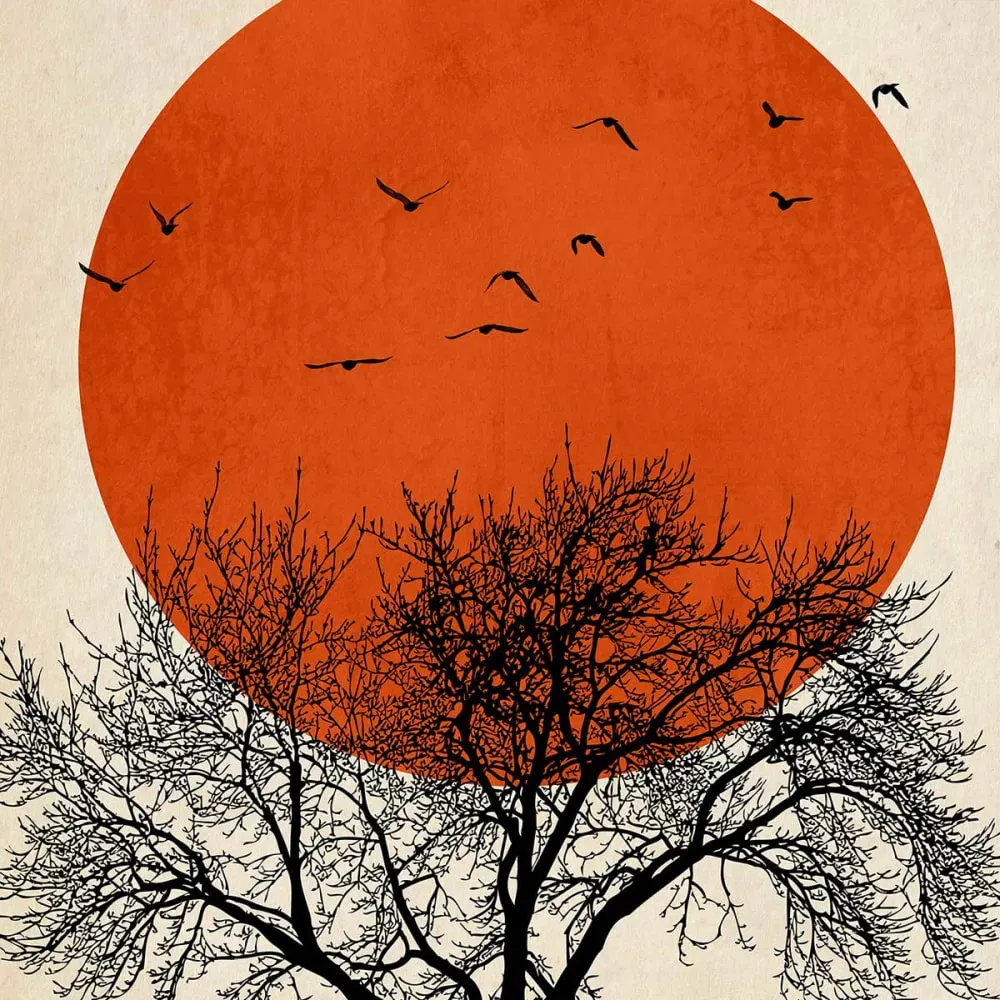 Illustration numéro 3 du produit Tableau soleil rouge graphique imprimé sur toile 60x90 cm