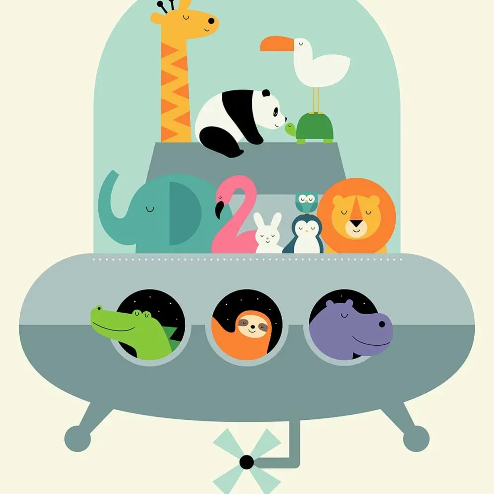 Illustration numéro 3 du produit Tableau enfant ovni arche de noé imprimé sur toile 40x60 cm