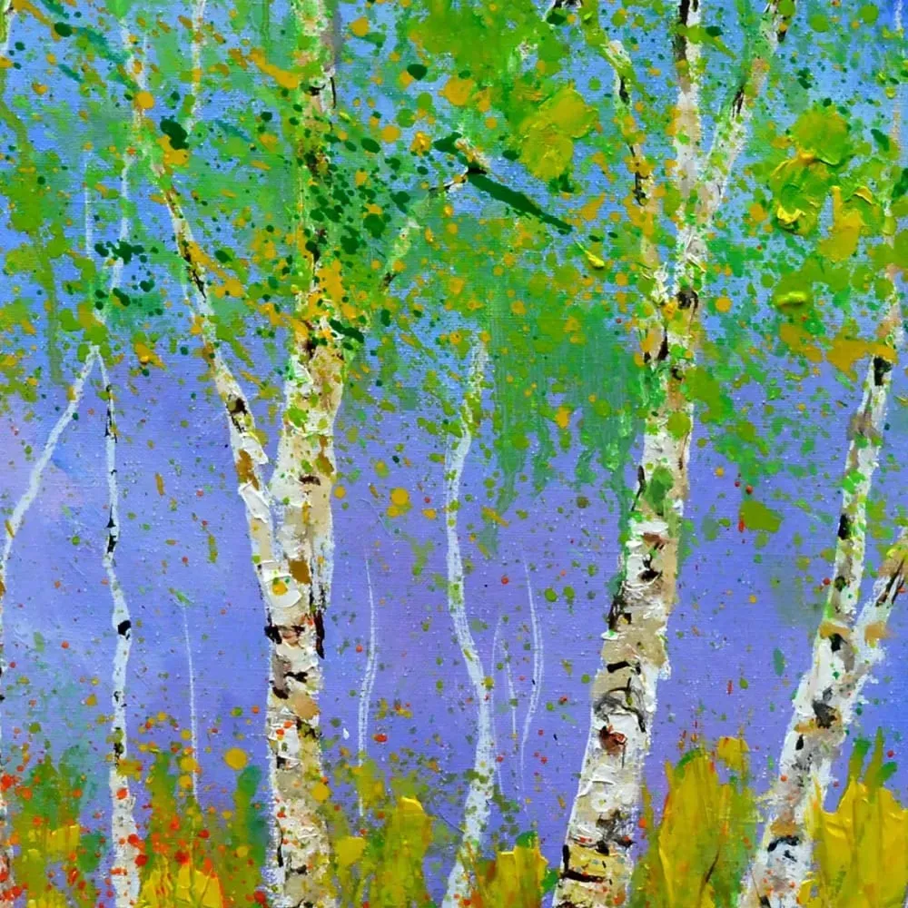 Illustration numéro 3 du produit Tableau paysage bouleaux et coquelicots imprimé sur toile 80x80 cm