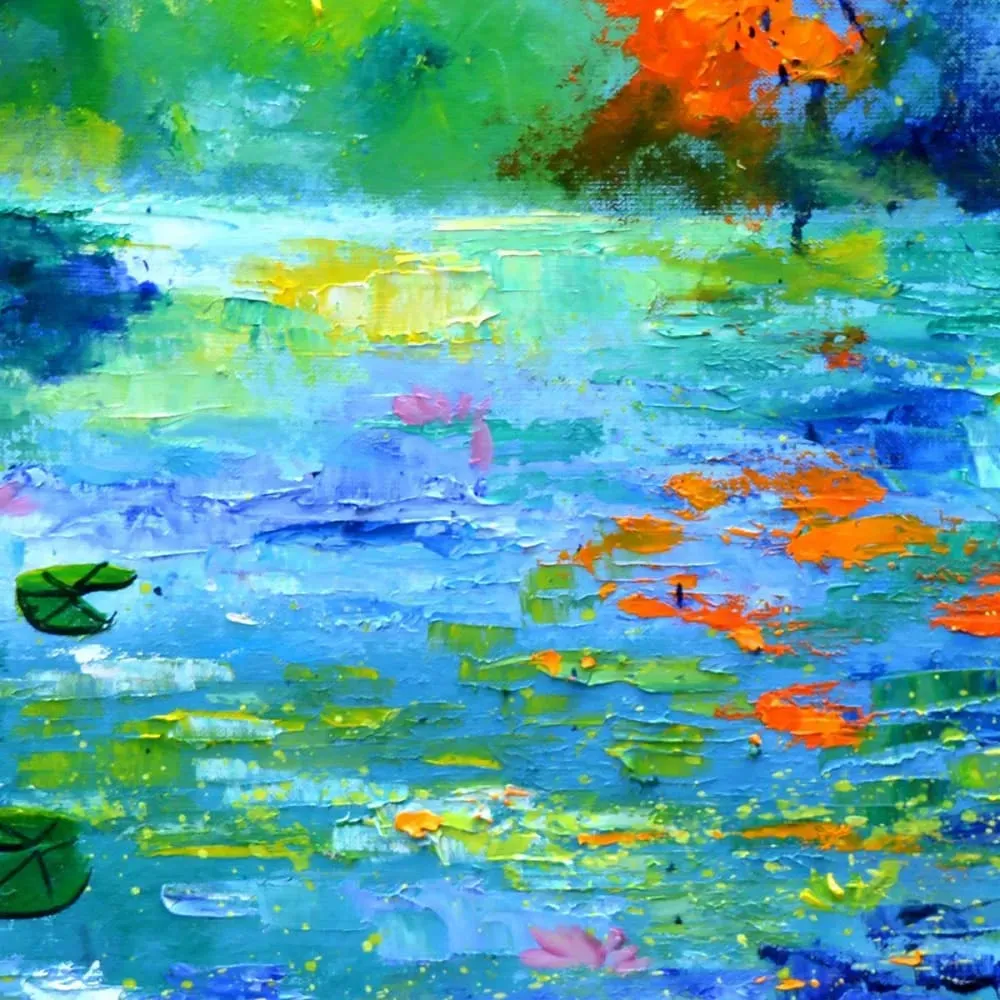 Illustration numéro 3 du produit Tableau paysage nenuphars et nymphéas imprimé sur toile 80x80 cm