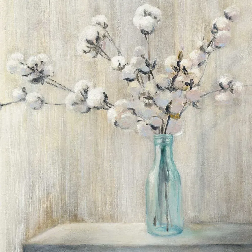 Illustration numéro 3 du produit Tableau bouquet et fleurs de coton imprimé sur toile 90x60 cm