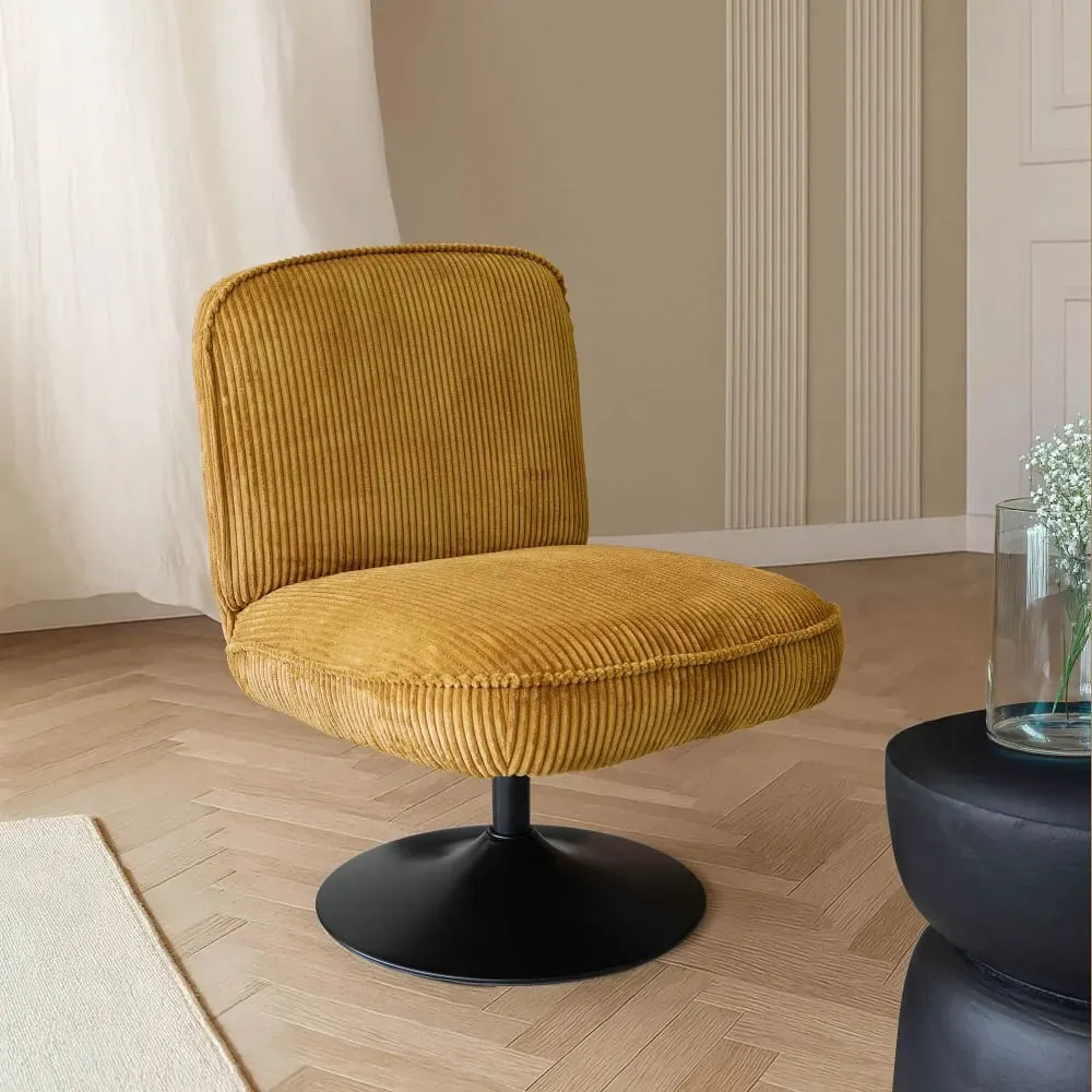Illustration numéro 3 du produit Fauteuil pivotant en velours jaune et pied en métal noir