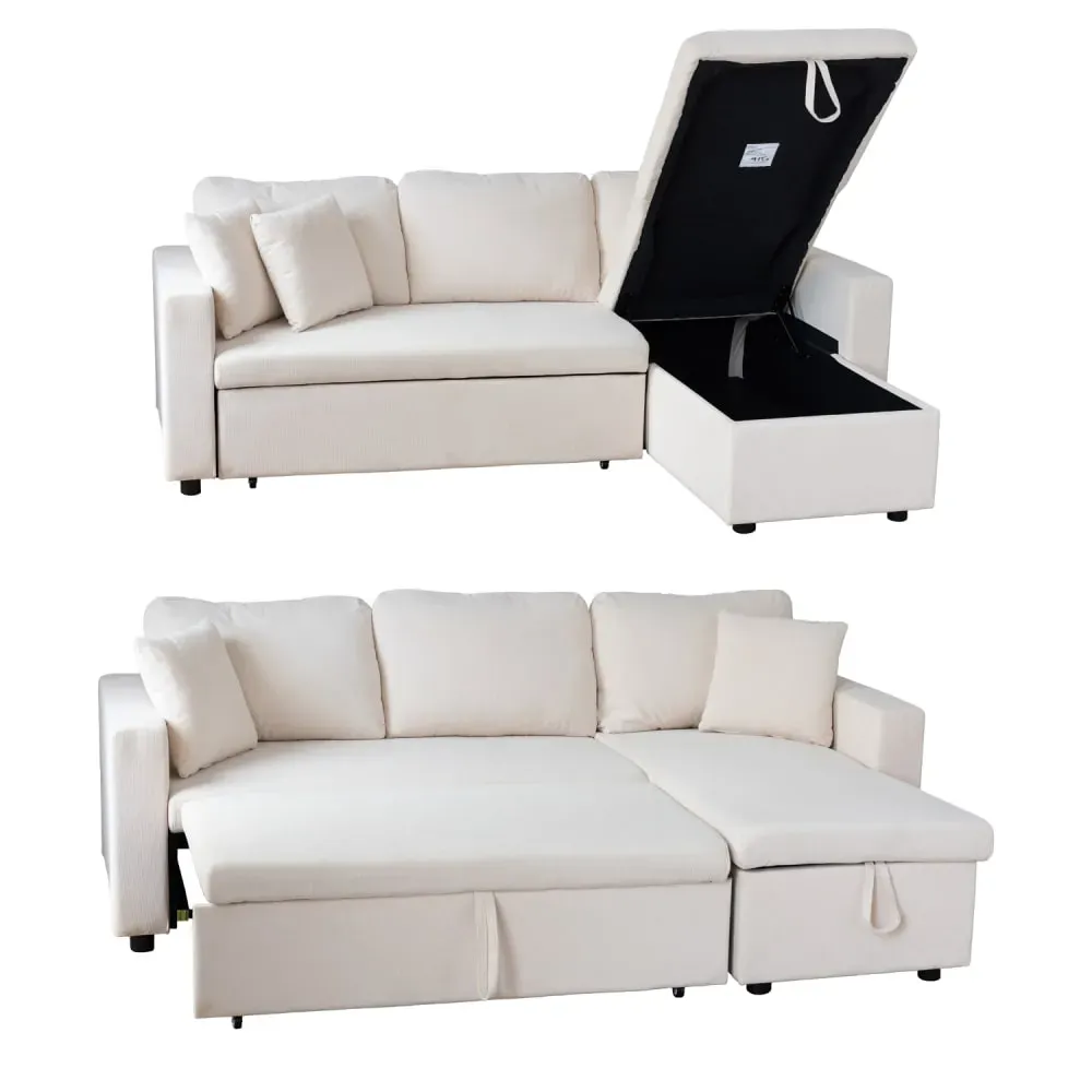 Illustration numéro 3 du produit Canapé d'angle convertible 3 places en velours côtelé beige