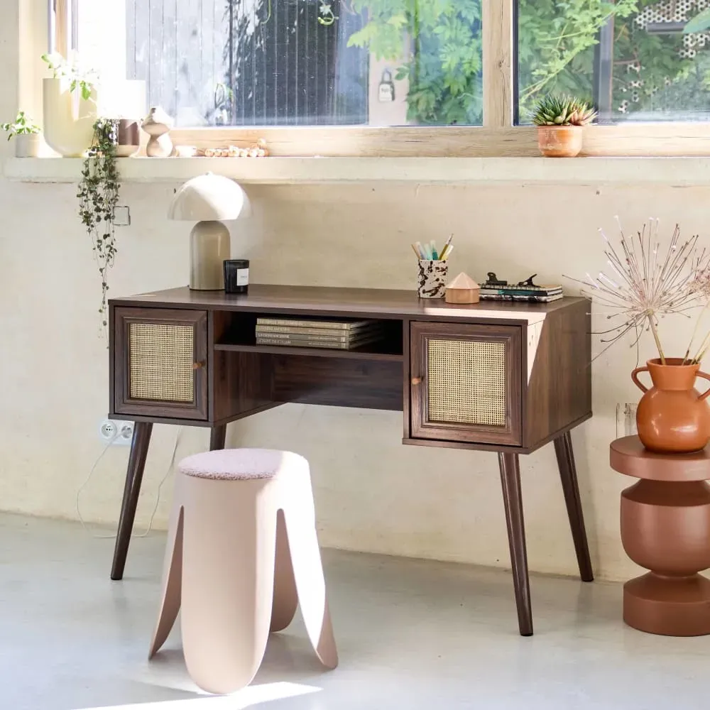 Illustration numéro 3 du produit Bureau cannage et décor bois foncé avec 2 portes