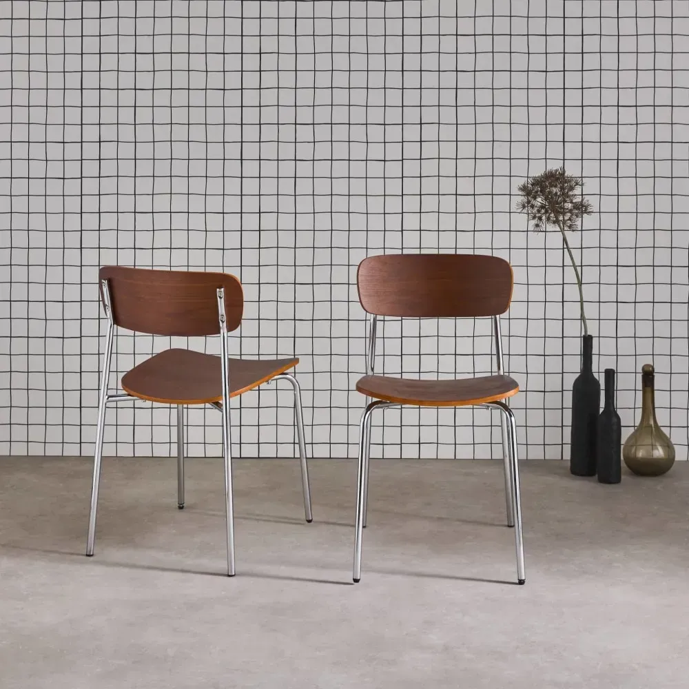 Illustration numéro 3 du produit Chaise vintage effet noyer et pieds métal chromé (lot de 2)