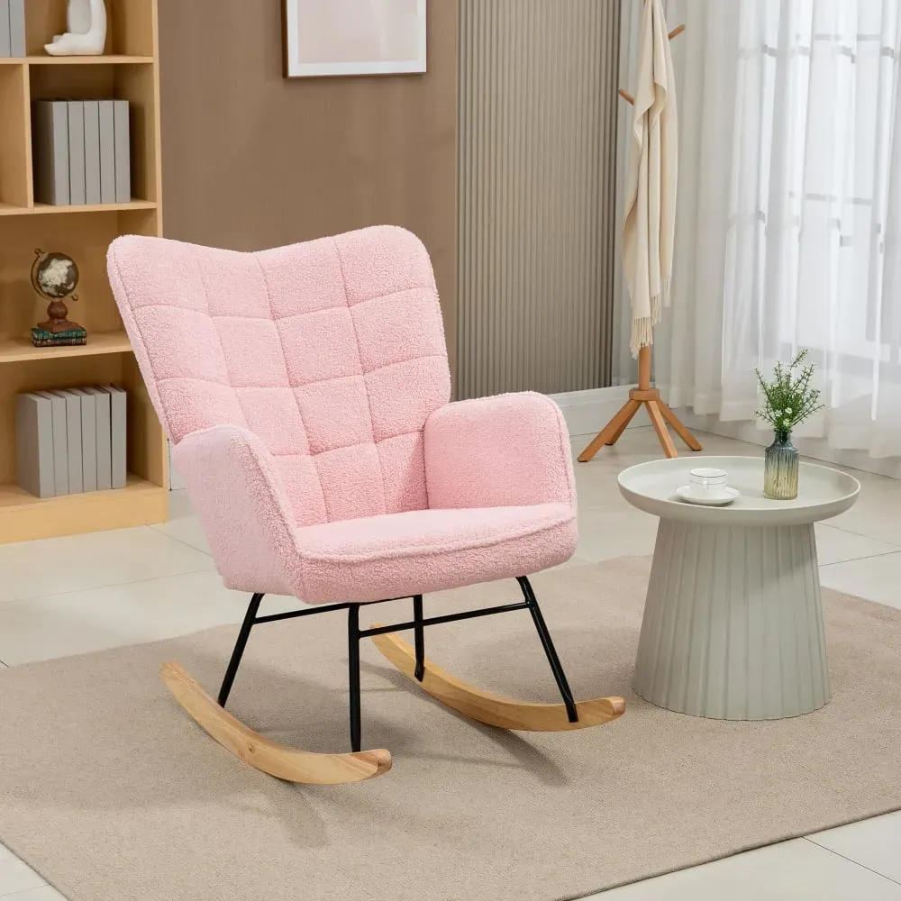 Illustration numéro 3 du produit Fauteuil à bascule revêtement bouclette acier et bois massif rose