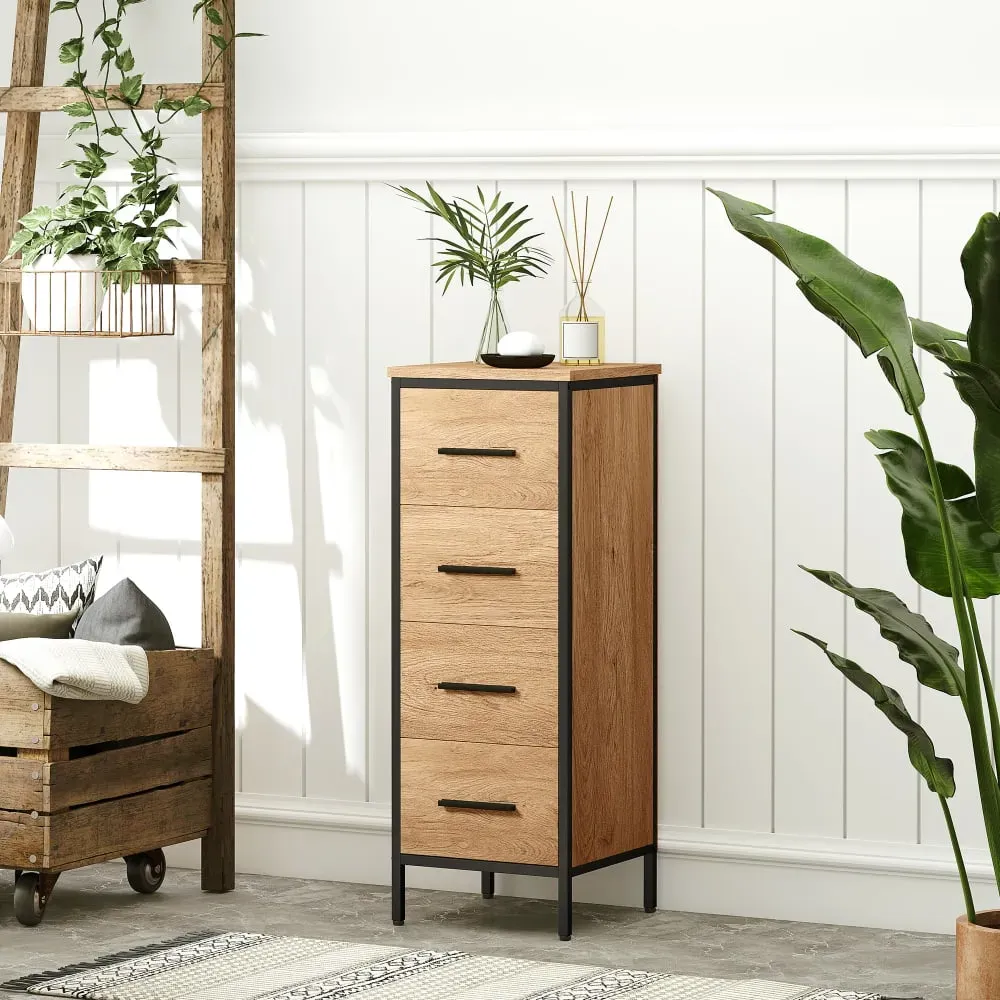 Illustration numéro 3 du produit Meuble de salle de bain étroit 4 tiroirs structure en acier chêne