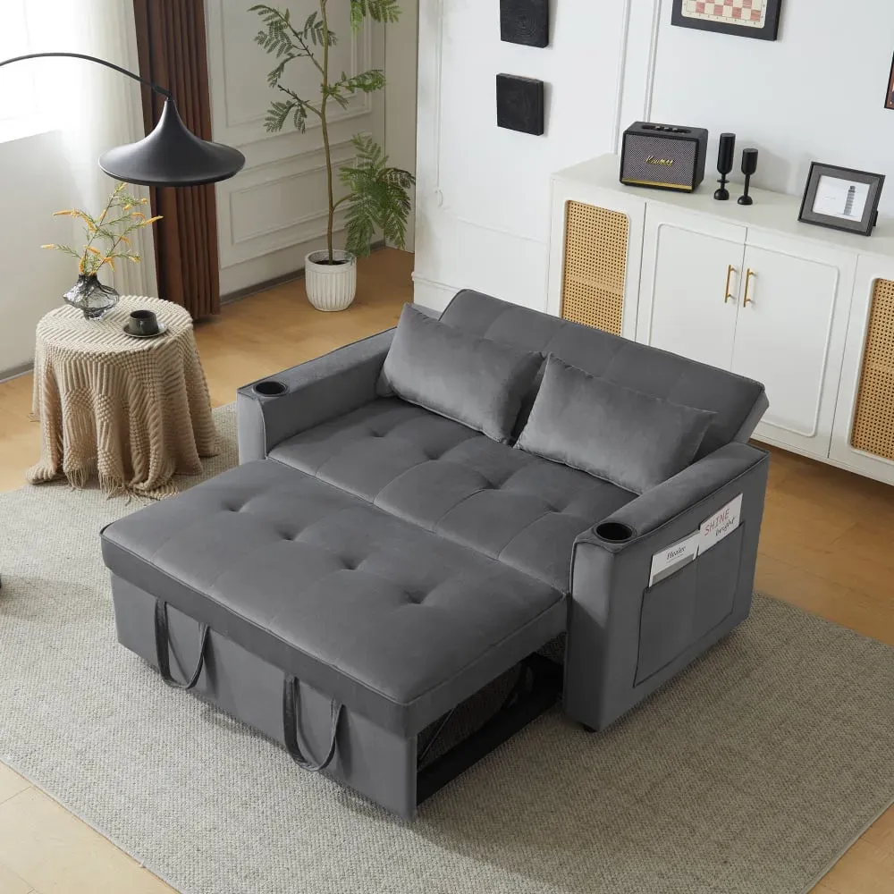 Illustration numéro 3 du produit Canapé convertible 2 places en velours gris dossier inclinable