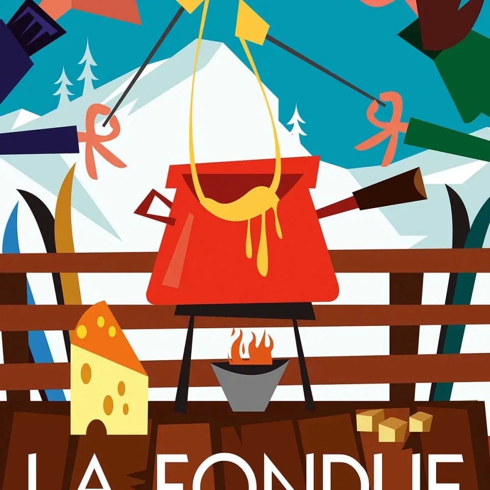 Illustration numéro 3 du produit Tableau rétro la fondue savoyarde imprimé sur toile 40x60 cm