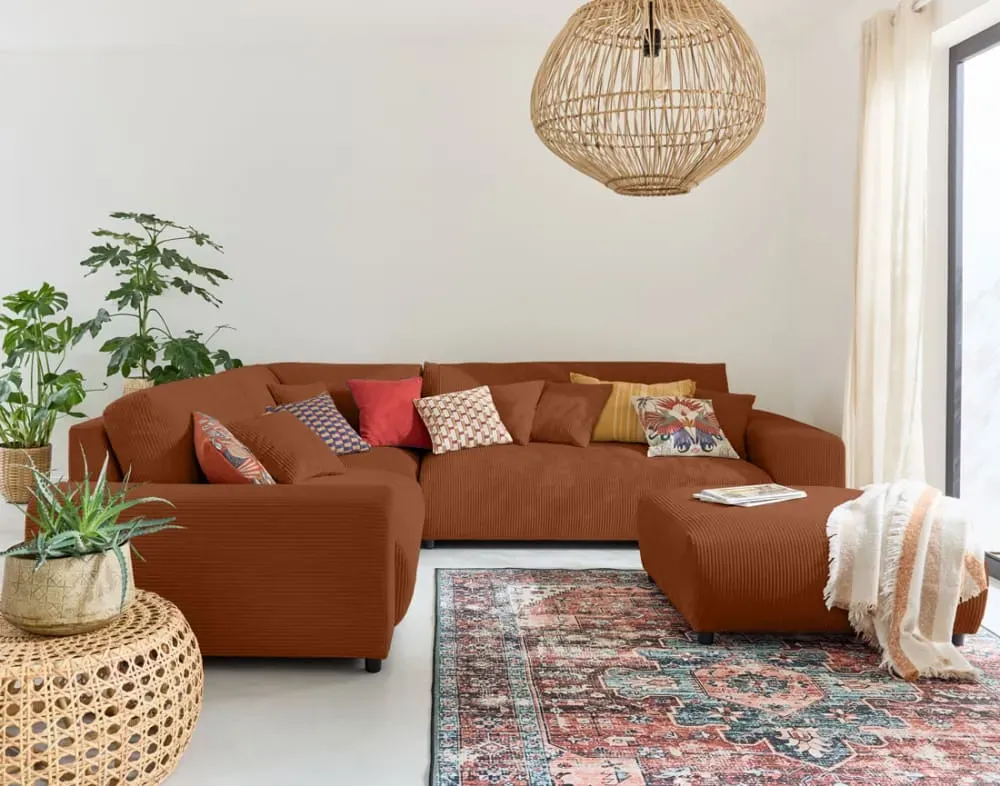 Illustration numéro 3 du produit Canapé modulable 5 places angle gauche en velours côtelé terracotta