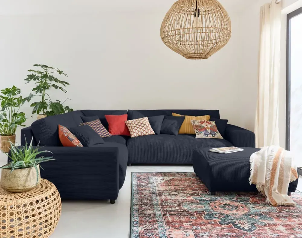 Illustration numéro 3 du produit Canapé modulable 5 places angle gauche en velours côtelé bleu nuit