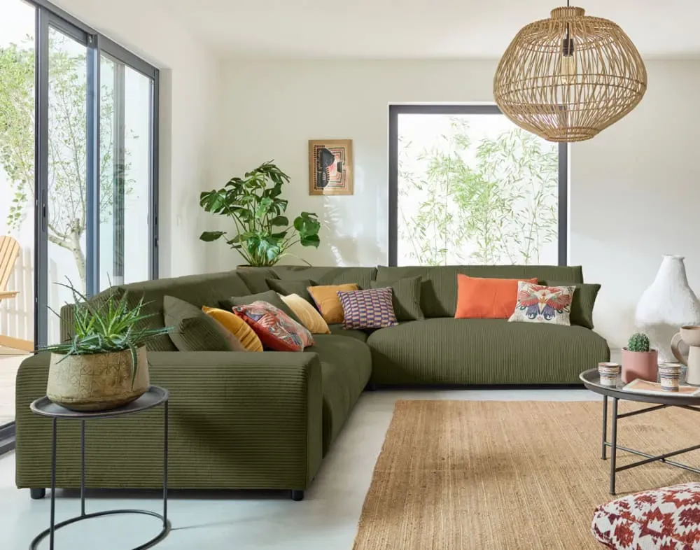 Illustration numéro 3 du produit Canapé modulable 6 places angle droit en velours côtelé vert