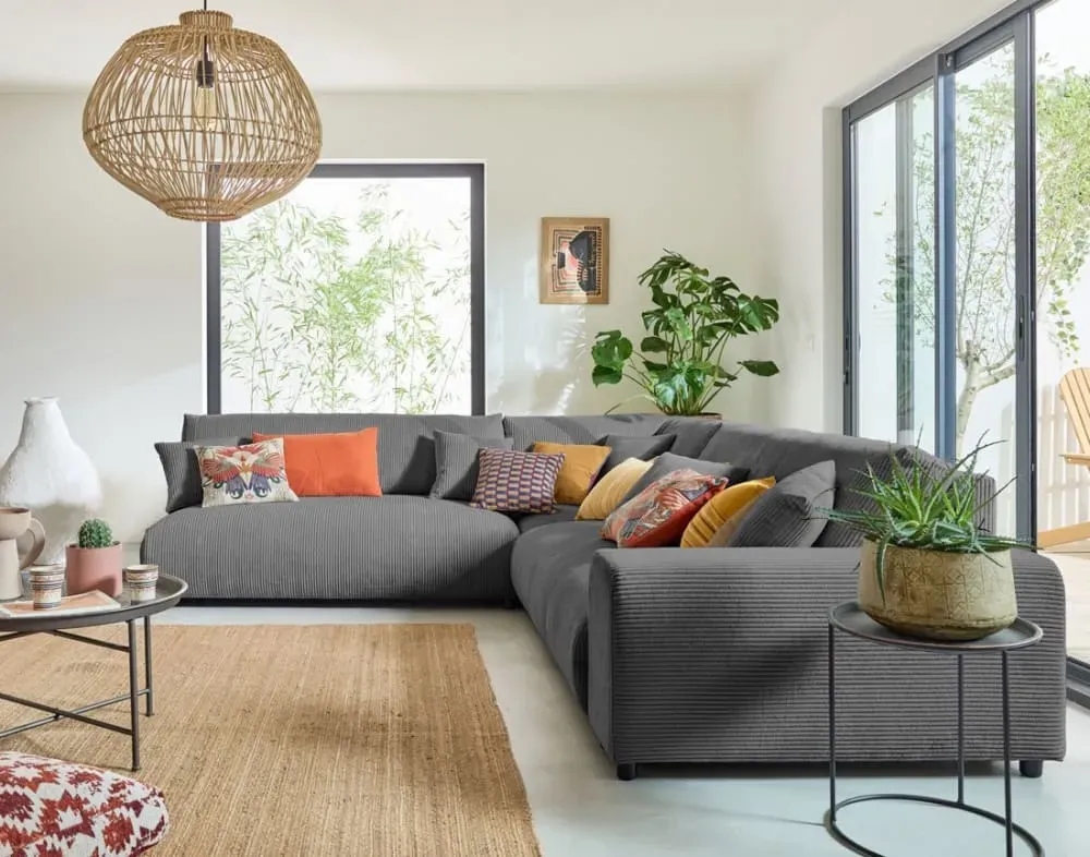 Illustration numéro 3 du produit Canapé modulable 6 places angle gauche en velours côtelé gris foncé