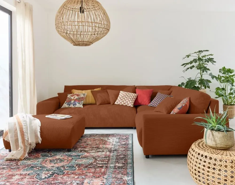 Illustration numéro 3 du produit Canapé modulable 5 places angle droit en velours côtelé terracotta