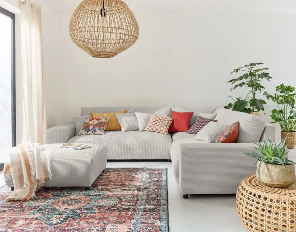 Illustration numéro 3 du produit Canapé modulable 5 places angle droit en velours côtelé gris clair