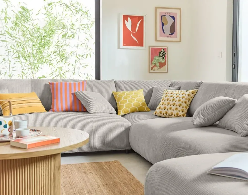 Illustration numéro 3 du produit Canapé modulable 8 places angle gauche en velours côtelé gris clair