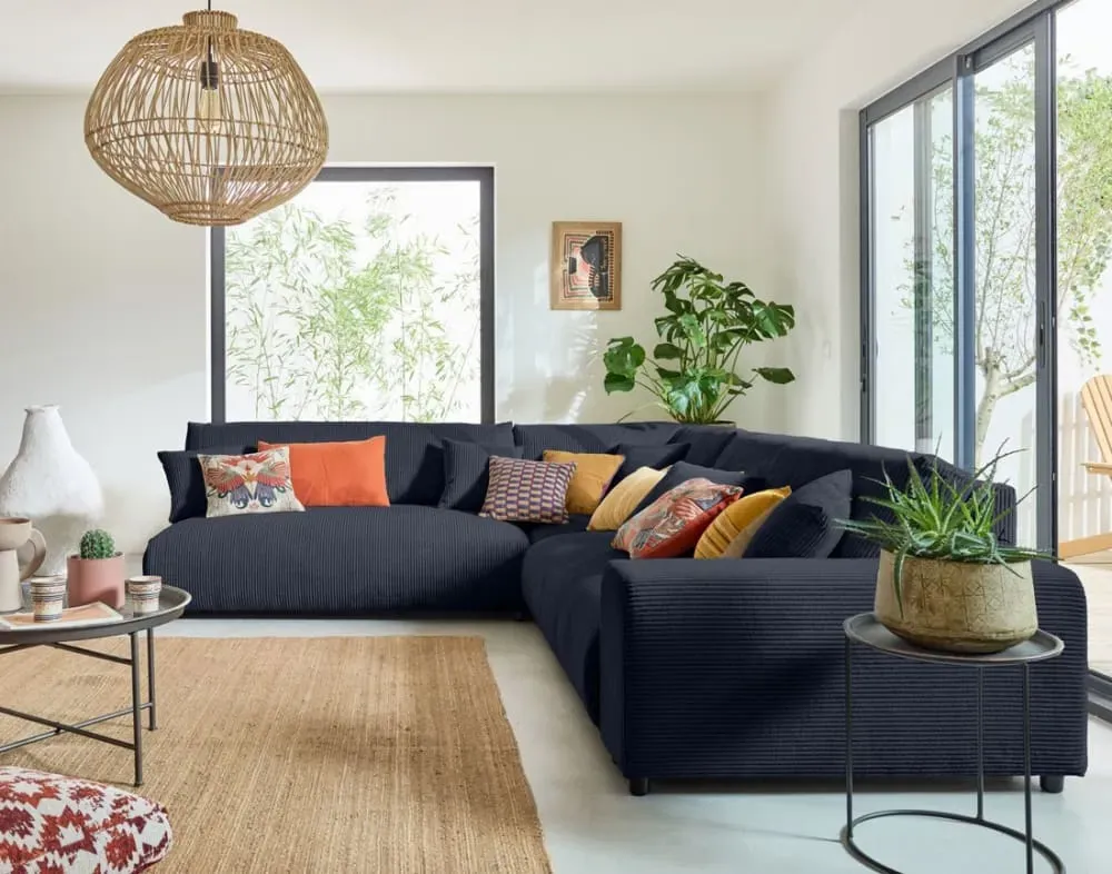 Illustration numéro 3 du produit Canapé modulable 6 places angle gauche en velours côtelé bleu nuit