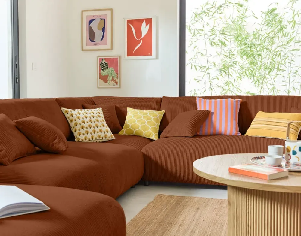 Illustration numéro 3 du produit Canapé modulable 8 places angle droit en velours côtelé terracotta