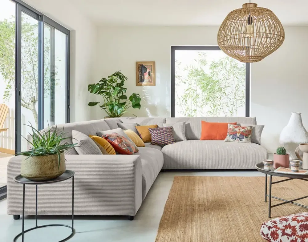 Illustration numéro 3 du produit Canapé modulable 6 places angle droit en velours côtelé gris clair