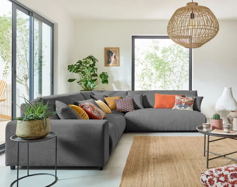 Illustration numéro 3 du produit Canapé modulable 6 places angle droit en velours côtelé gris foncé