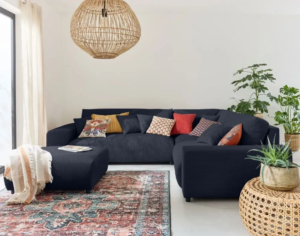 Illustration numéro 3 du produit Canapé modulable 5 places angle droit en velours côtelé bleu nuit