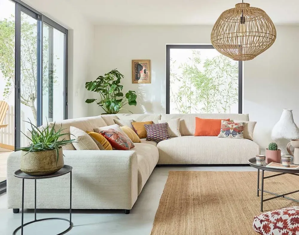 Illustration numéro 3 du produit Canapé modulable 6 places angle droit en velours côtelé beige