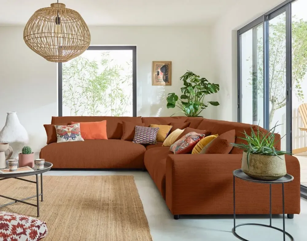 Illustration numéro 3 du produit Canapé modulable 6 places angle gauche en velours côtelé terracotta