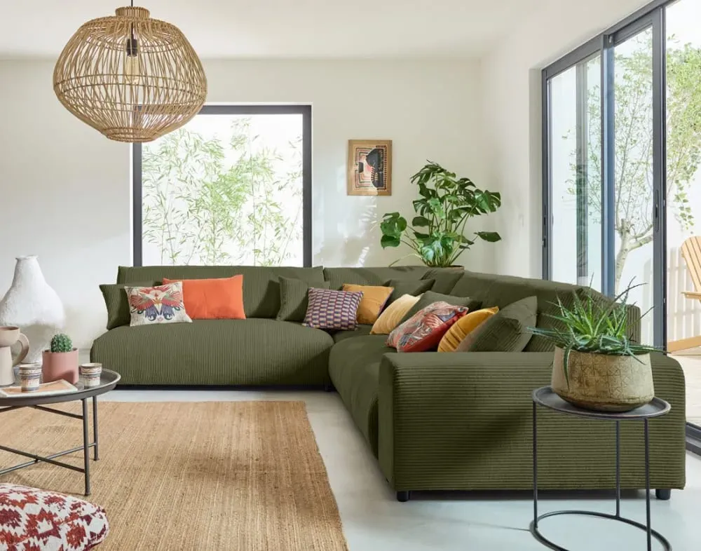 Illustration numéro 3 du produit Canapé modulable 6 places angle gauche en velours côtelé vert