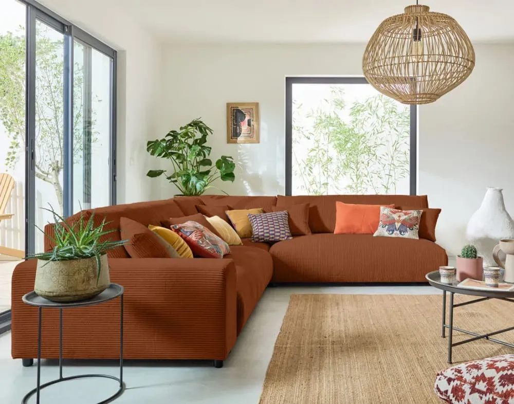 Illustration numéro 3 du produit Canapé modulable 6 places angle droit en velours côtelé terracotta