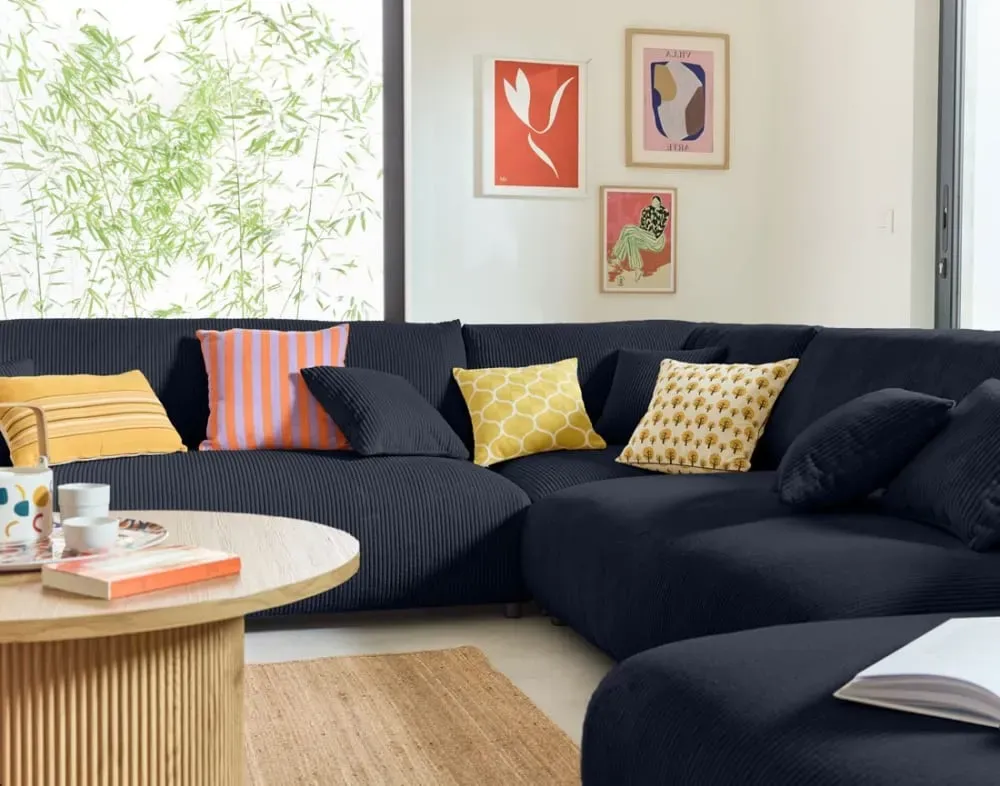 Illustration numéro 3 du produit Canapé modulable 8 places angle gauche en velours côtelé bleu nuit