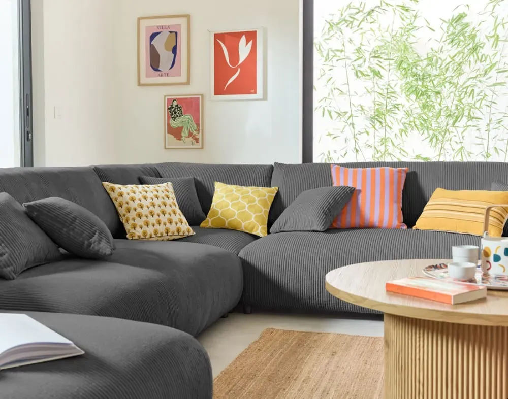 Illustration numéro 3 du produit Canapé modulable 8 places angle droit en velours côtelé gris foncé