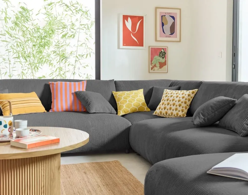 Illustration numéro 3 du produit Canapé modulable 8 places angle gauche en velours côtelé gris foncé