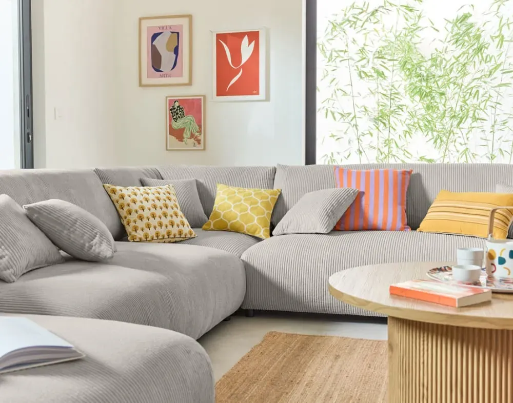 Illustration numéro 3 du produit Canapé modulable 8 places angle droit en velours côtelé gris clair