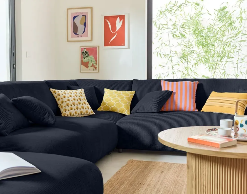 Illustration numéro 3 du produit Canapé modulable 8 places angle droit en velours côtelé bleu nuit