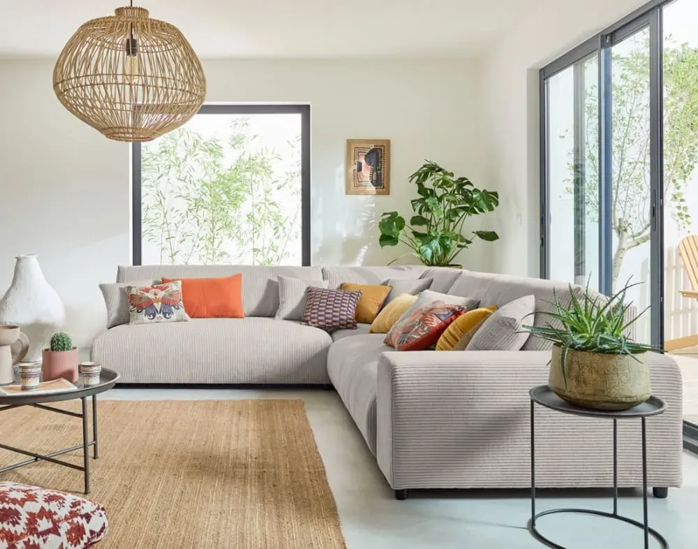 Illustration numéro 3 du produit Canapé modulable 6 places angle gauche en velours côtelé gris clair