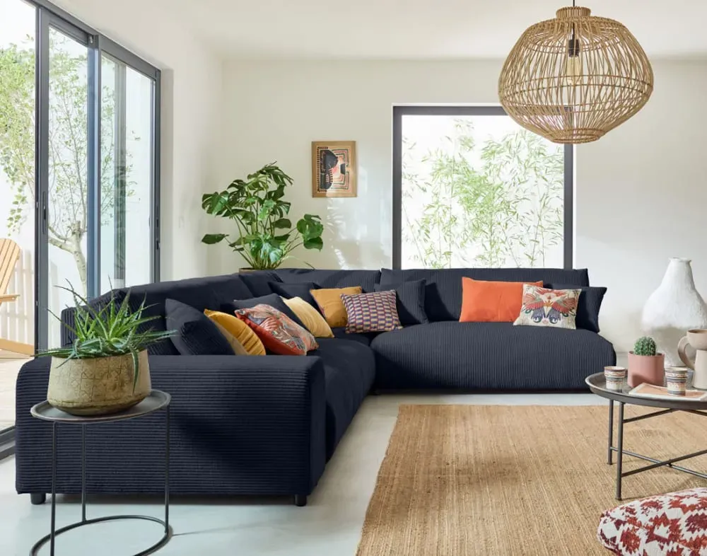 Illustration numéro 3 du produit Canapé modulable 6 places angle droit en velours côtelé bleu nuit