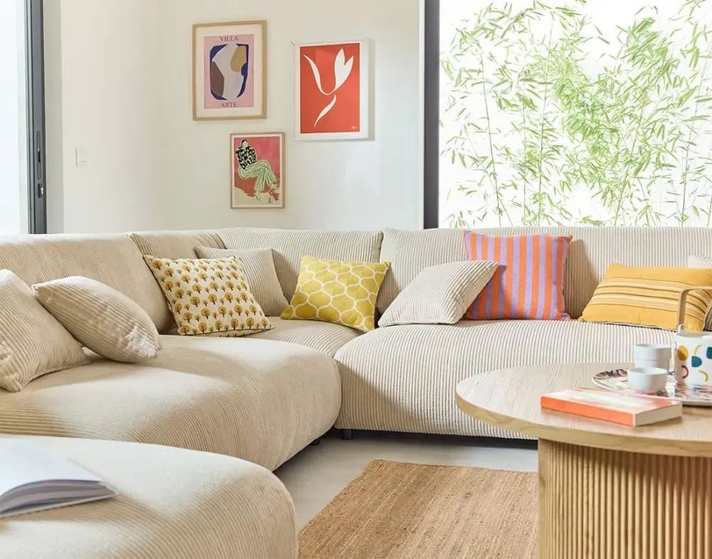 Illustration numéro 3 du produit Canapé modulable 8 places angle droit en velours côtelé beige